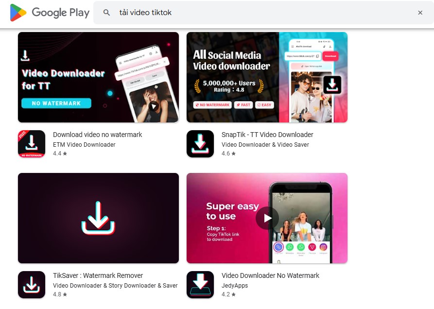 tìm kiếm ứng dụng tải video tiktok